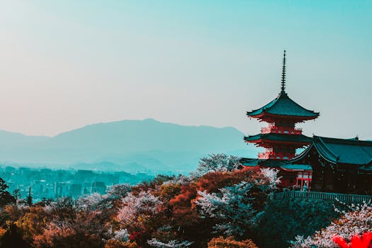 Home Scenic view of Kiyomizu-dera Temple with cherry blossoms in Kyoto, Japan, capturing traditional Japanese architecture at twilight.